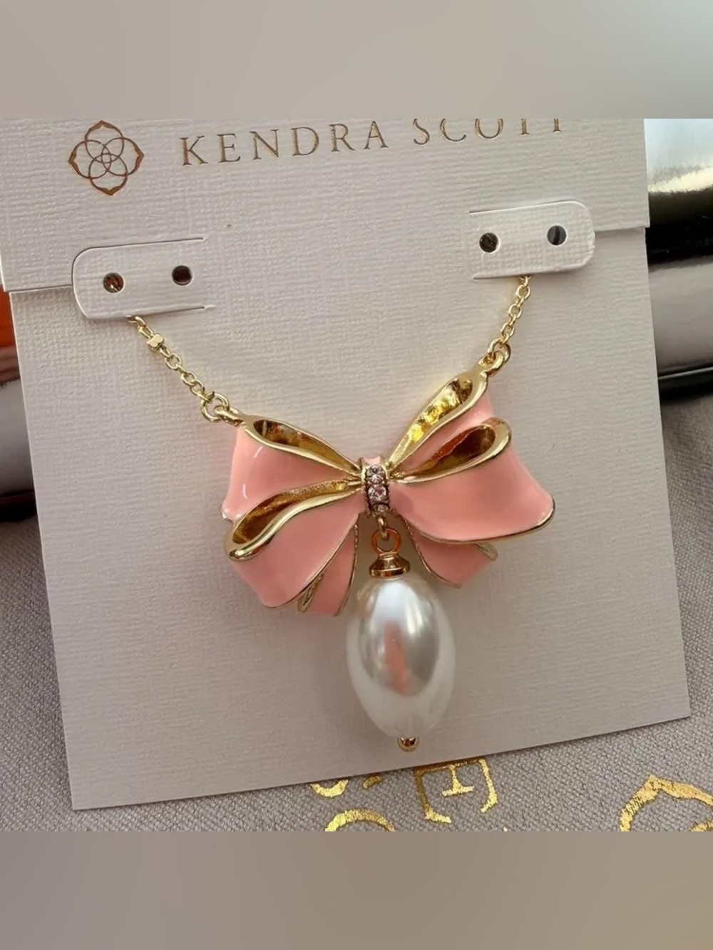 Kendra Scott Pink Enamel Bow Necklace with Pearl Drop